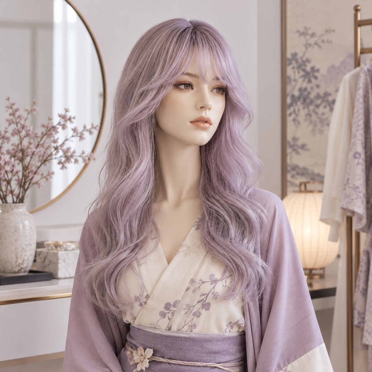 Illustrated wig styling inspiration — not a product photograph